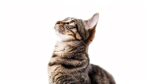 un mignon chat assis et regardant vers le haut sur un fond blanc