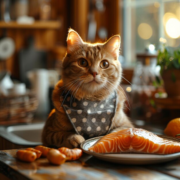 Un mignon chat au gingembre dans un foulard à carreaux et du saumon frais sur une table en bois.