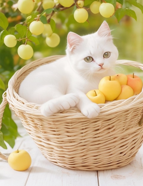 un mignon chat blanc assis dans un panier