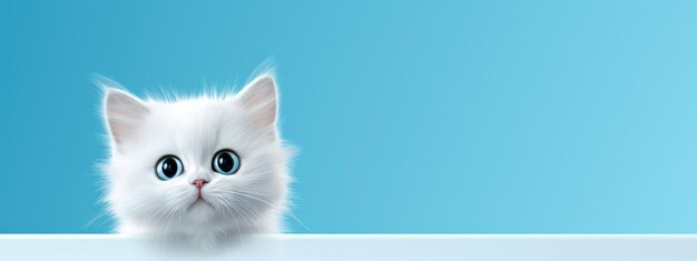 Un mignon chat blanc qui regarde curieusement sur un fond bleu.