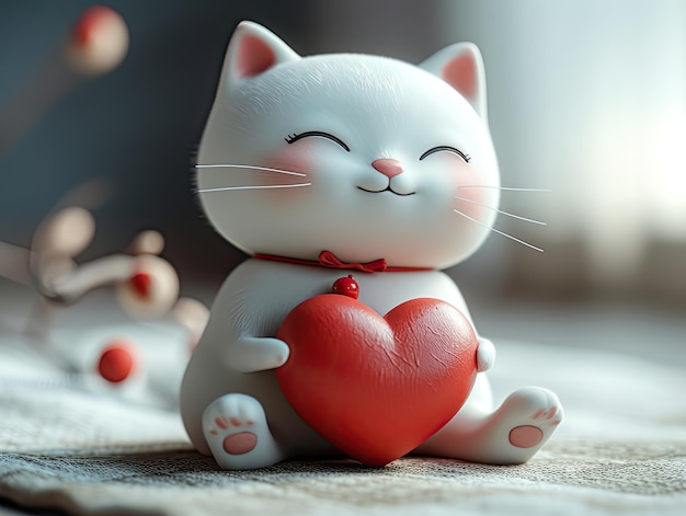 Un mignon chat blanc tenant un grand cœur rouge de la Saint-Valentin