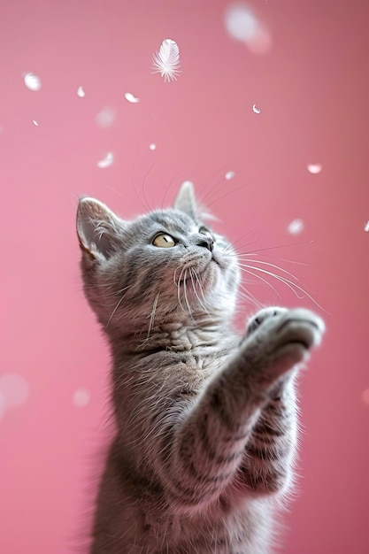 Un mignon chat britannique à poil court gris attrape une plume d'arrière-plan rose généré par l'IA