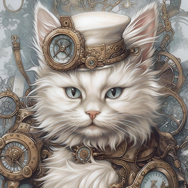 Un mignon chat avec un chapeau, une horloge et une chaîne.