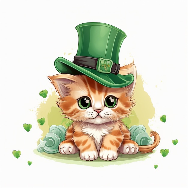 un mignon chat avec un chapeau vert sur un fond blanc