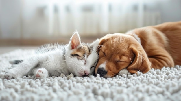 Photo un mignon chat et un chien dorment ensemble sur un tapis doux à la maison.