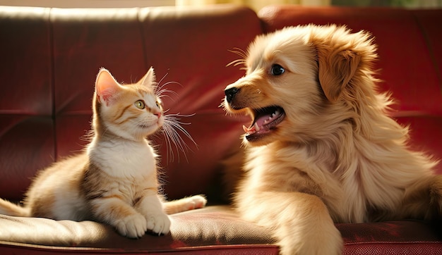 Un mignon chat et un chien jouant sur un canapé.