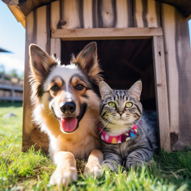 Mignon chat et chien maison d'animaux champ d'herbe en bois