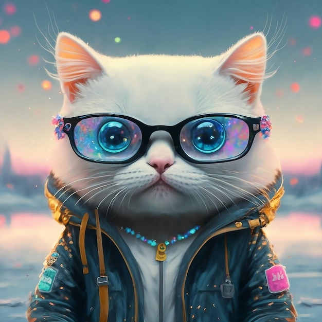 Photo un mignon chat coloré délicat regardant la caméra et portant un hoodie et des lunettes avec fond