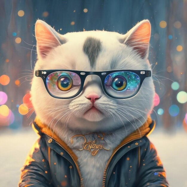 Un mignon chat coloré délicat regardant la caméra et portant un hoodie et des lunettes avec fond