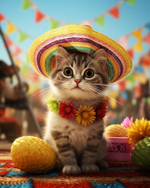 Le mignon chat avec le costume de fête du Cinco De Mayo
