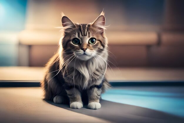 Un mignon chat avec de la crème glacée sur fond bleu.