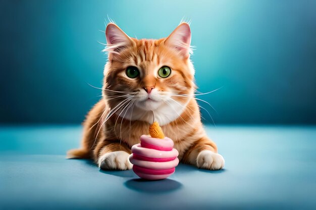 Un mignon chat avec de la crème glacée sur fond bleu.