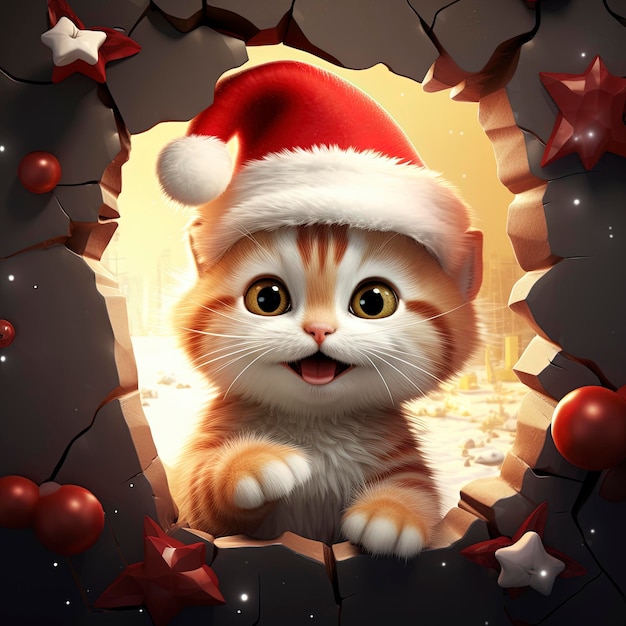 Un mignon chat dans un chapeau rouge regarde à travers un trou de papier thème de Noël atmosphère festive de style daz3d