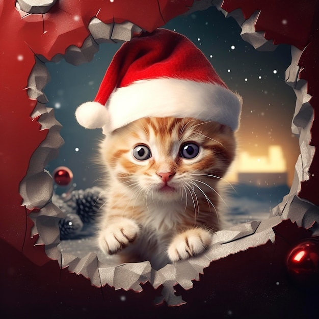Un mignon chat dans un chapeau rouge regarde à travers un trou de papier thème de Noël atmosphère festive de style daz3d