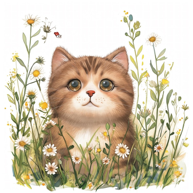 Un mignon chat dans l'herbe des fleurs pastel illustration à l'aquarelle