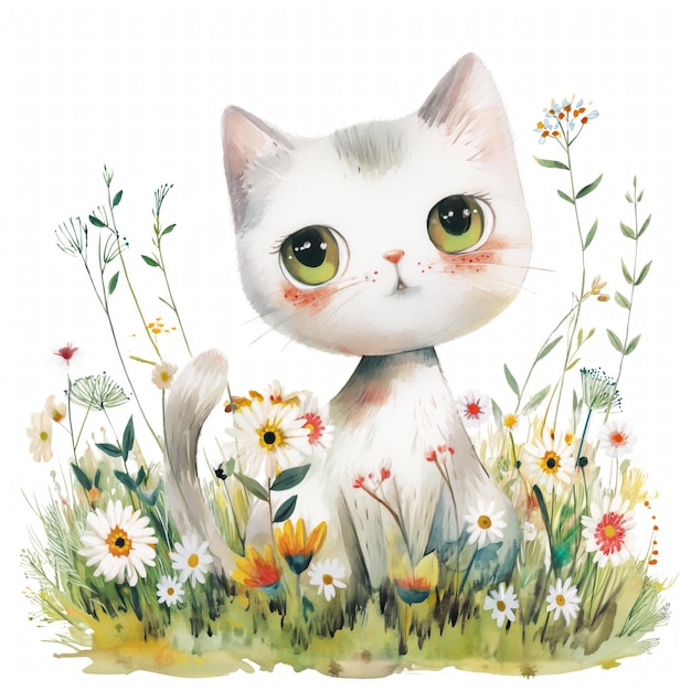 Un mignon chat dans l'herbe des fleurs pastel illustration à l'aquarelle