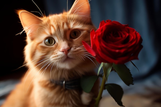 Un mignon chat domestique a apporté une fleur en cadeau Une carte de vœux drôle avec des animaux