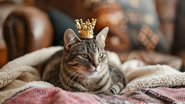 Un mignon chat domestique portant un portrait d'animal couronné de roi