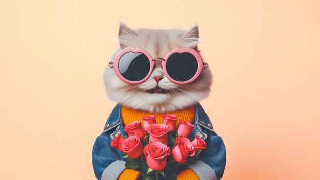 Un mignon chat drôle tenant un bouquet de roses dans le concept de la Saint-Valentin