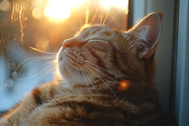 un mignon chat endormi sous le papier peint au soleil