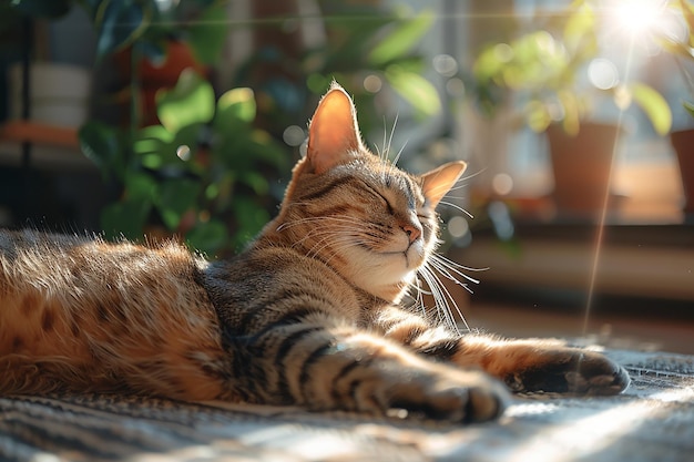 un mignon chat endormi sous le papier peint au soleil