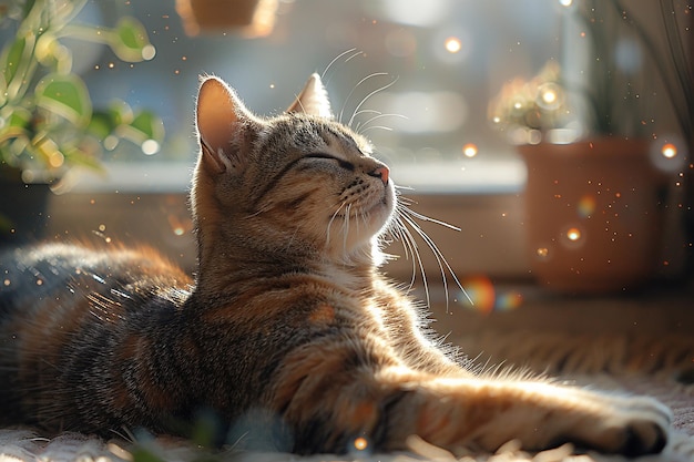 un mignon chat endormi sous le papier peint au soleil