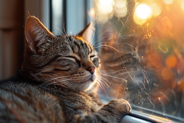 un mignon chat endormi sous le papier peint au soleil