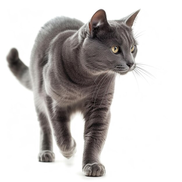 Un mignon chat gris qui marche sur un fond blanc