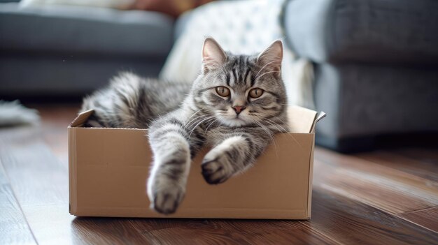 Un mignon chat gris tabby dans une boîte en carton sur le sol à la maison