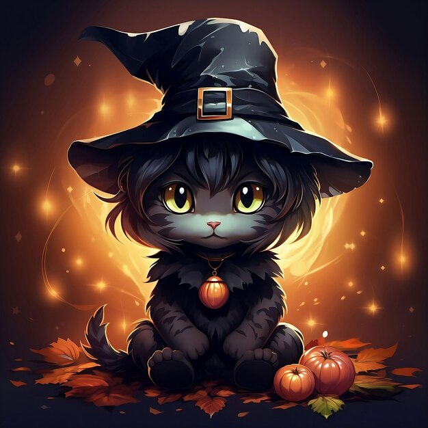 Photo un mignon chat d'halloween avec un chapeau de sorcière