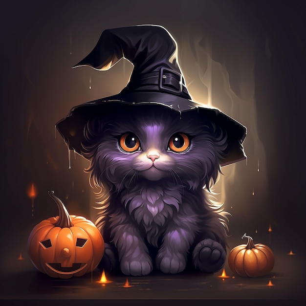 Photo un mignon chat d'halloween avec un chapeau de sorcière