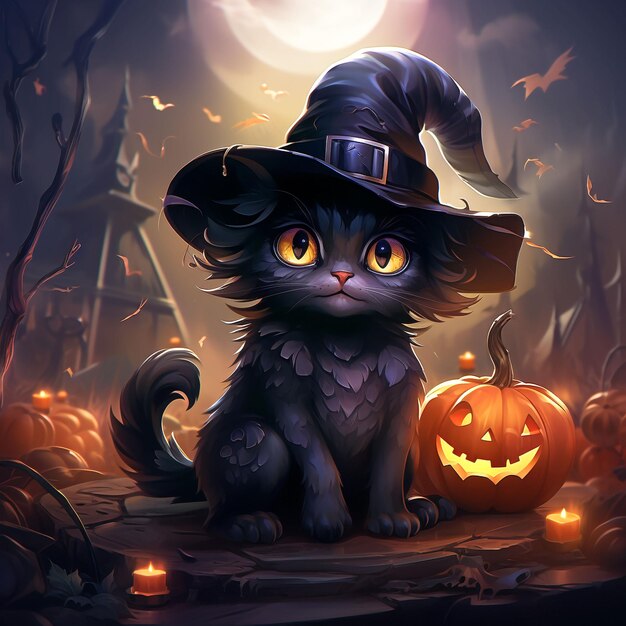 Photo un mignon chat d'halloween avec un chapeau de sorcière