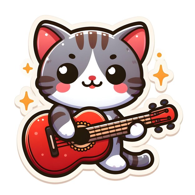Un mignon chat jouant de la guitare isolé sur un fond blanc