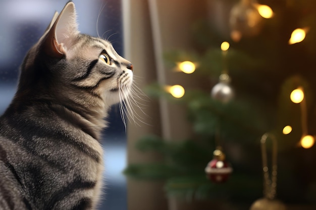 Un mignon chat jouant avec des ornements sur un petit arbre de Noël éclaire l'arrière-plan flou généré par l'IA