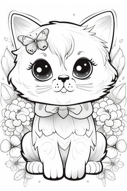 Un mignon chat kawaii pour le livre à colorier arrière-plan fleuri IA générative