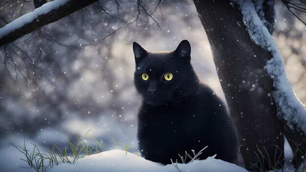 Un mignon chat noir aux yeux jaunes est assis sur la neige dans le jardin en hiver Génération AI