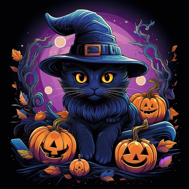 Un mignon chat noir dans un chapeau de sorcière assis près de la citrouille d'Halloween L'illustration d'Helloween à fond sombre