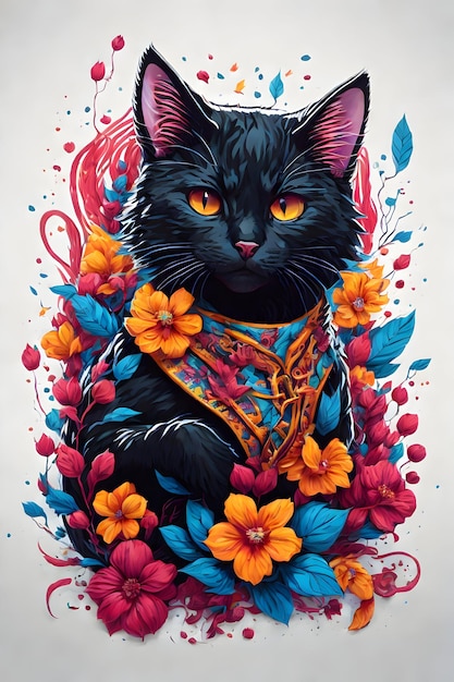 un mignon chat noir avec des fleurs colorées