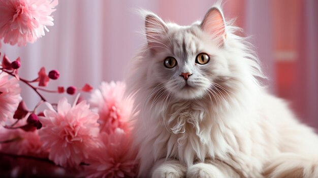 un mignon chat persan moelleux avec des fleurs blanches