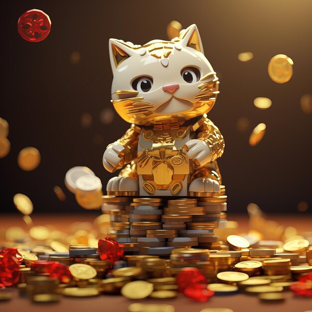 Le mignon chat sur la pile de pièces d'or 3D