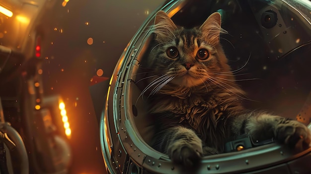 Photo un mignon chat portant un casque spatial est assis dans un vaisseau spatial le chat regarde par la fenêtre les étoiles l'image est pleine d'émerveillement et de mystère