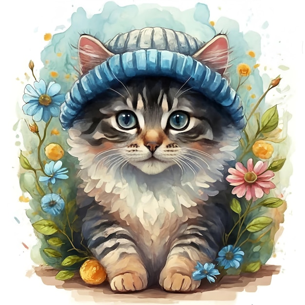 Un mignon chat portant un chapeau de laine moelleux et des fleurs à l'aquarelle