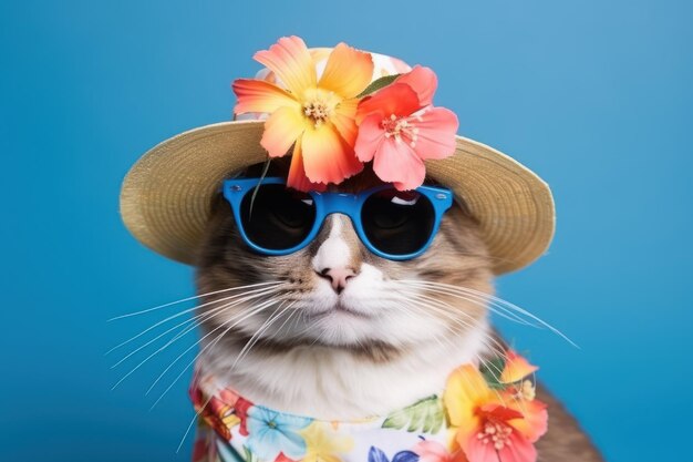 Un mignon chat portant un chapeau avec des lunettes de soleil et une robe hawaïenne pose heureusement