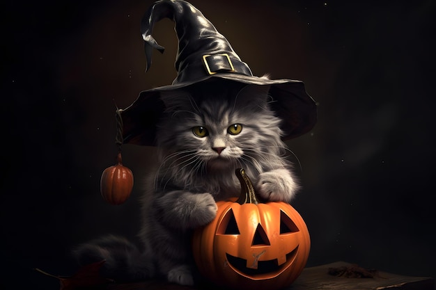 Un mignon chat portant un chapeau de sorcière tenant un dessin fantastique de citrouille d'Halloween