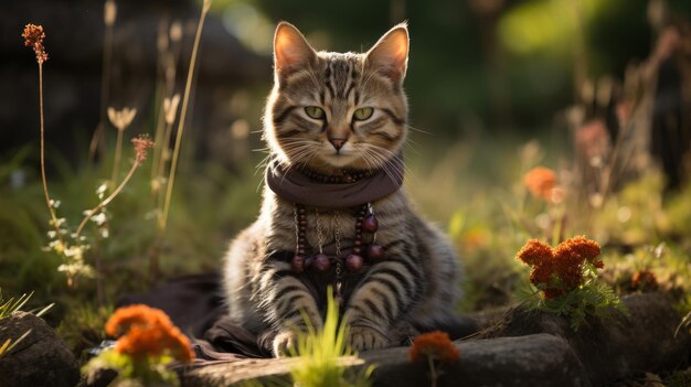 Photo un mignon chat portant un collier de perles est assis dans un jardin