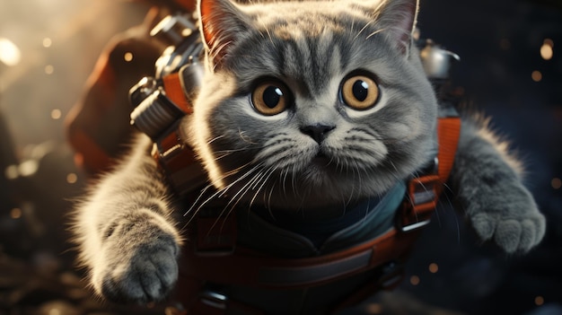 Un mignon chat portant une combinaison spatiale flotte dans l'espace.