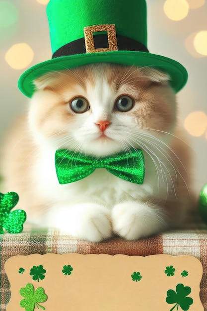 Le mignon chat porte un chapeau vert et s'ennuie sur le sol.