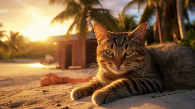 Photo un mignon chat qui se détend sur la plage.