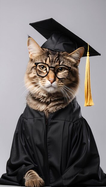 Un mignon chat à rayures brunes portant un chapeau de diplôme et un costume de diplôme