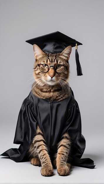 Un mignon chat à rayures brunes portant un chapeau de diplôme et un costume de diplôme